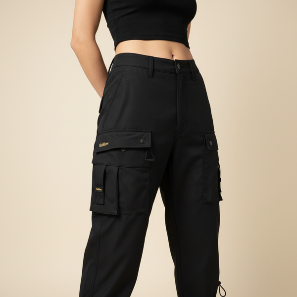 The Cargo Pant — worn with rib crop tank, on the floor
