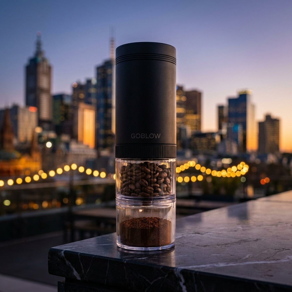 GoBlow Precision Device — on a Melbourne rooftop ledge at dusk