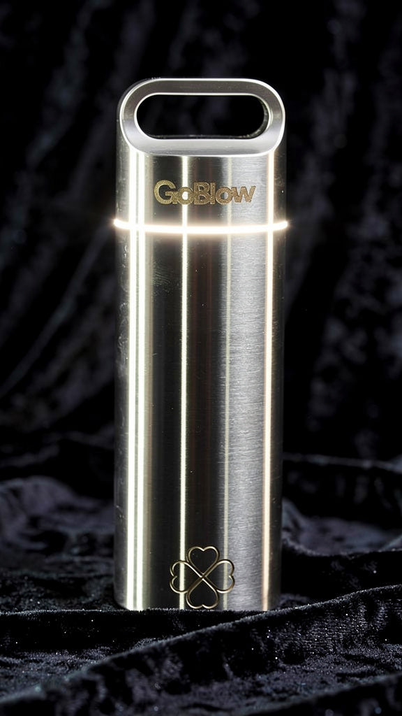 GoBlow Stacks Single — scale reference, palm-sized 19×63mm machined stainless steel container