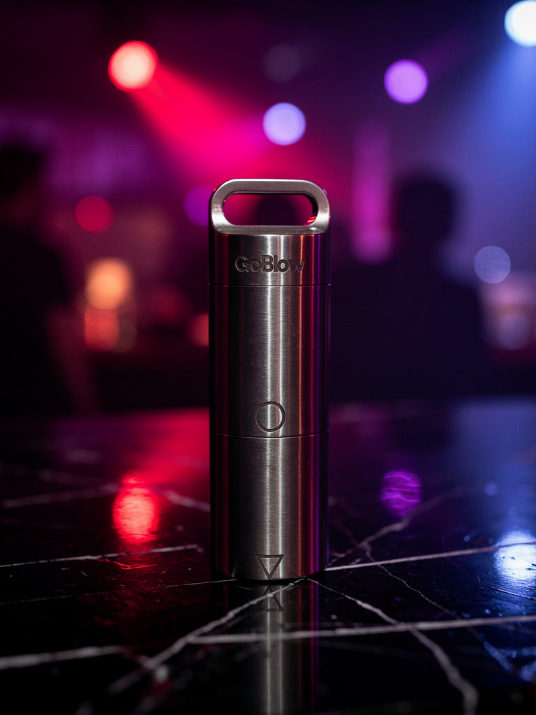 GoBlow Stacks Double — lifestyle setting, double-stack pocket carry system in brushed steel