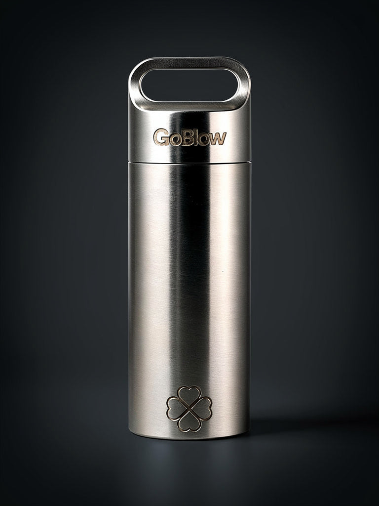 GoBlow Stacks Single — angled view, machined stainless body with GoBlow engraving on front face