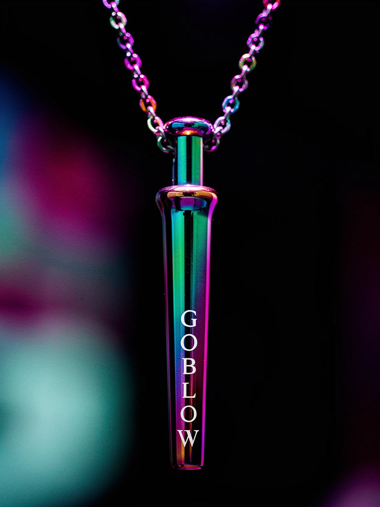 GoBlow Rainbow pendant — neon close-up iridescent PVD detail