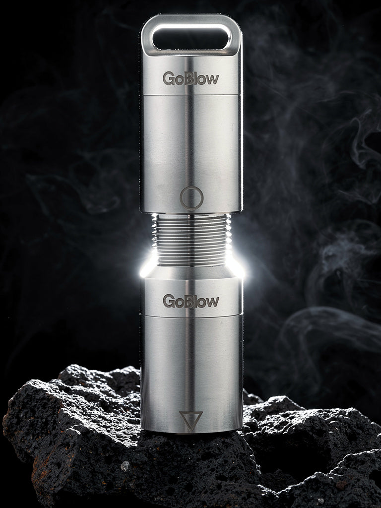 GoBlow Stacks Double — main product photo, two-compartment brushed machined stainless steel EDC vault threaded together