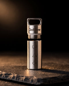 GoBlow Stacks — threaded joint detail, twist closed — machined stainless EDC capsule pendant