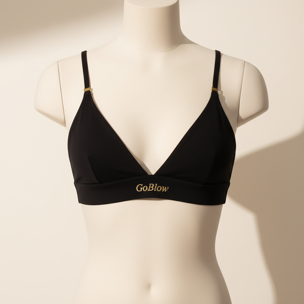 The Festival Bralette — Black, front (gold GoBlow on underband)