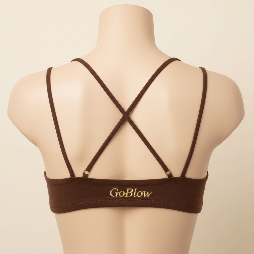 The Festival Bralette — Chocolate, back (gold GoBlow on back band, crossover straps)