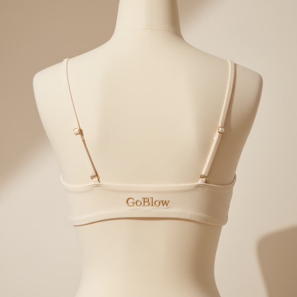 The Festival Bralette — Cream, back (gold GoBlow on back band)