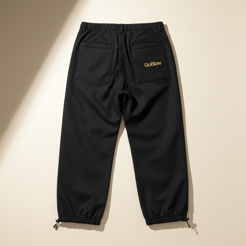 The Cargo Pant — back (small gold GoBlow on right back patch pocket, cinched ankles)