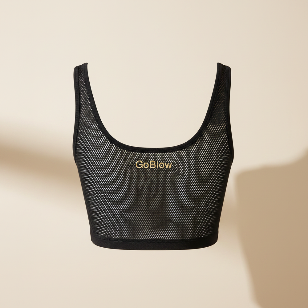 The Mesh Crop Tank — back (gold GoBlow between shoulder blades)