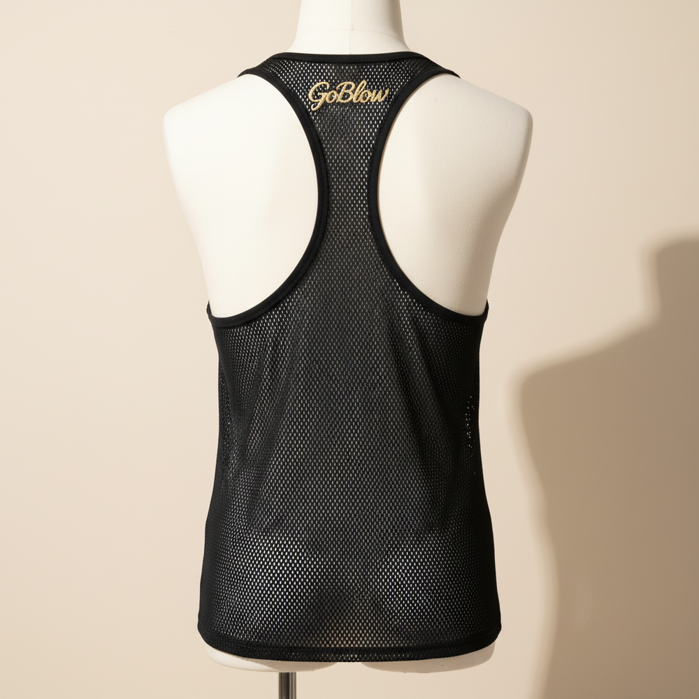 The Mesh Stringer — back (gold GoBlow on back strap)