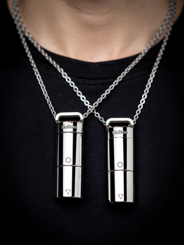 GoBlow Stacks Double — scale reference, palm-sized 21×65mm dual machined stainless steel containers