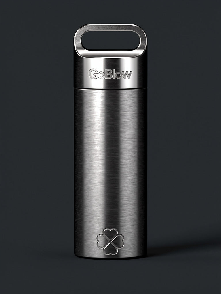 GoBlow Stacks Single — main product photo, brushed machined stainless steel modular EDC vault, twist-lock threaded cap