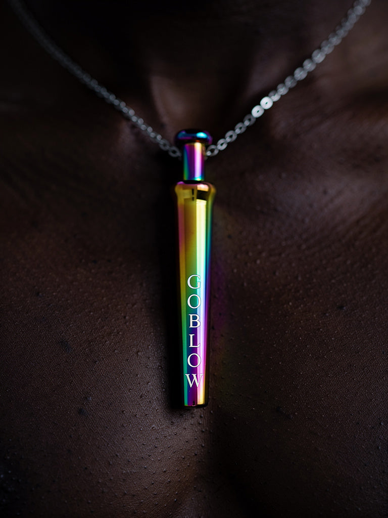 GoBlow Rainbow pendant — editorial moody skin close-up