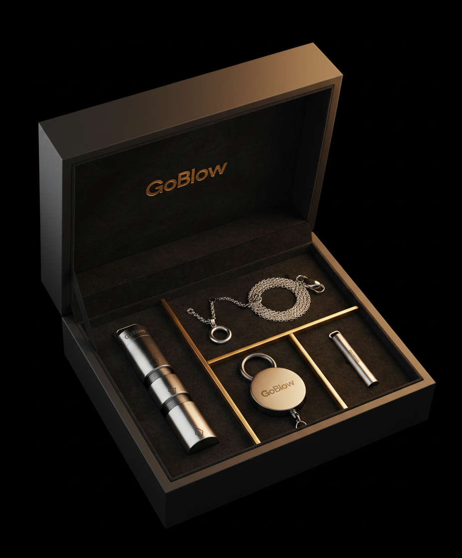 The GoBlow Full Kit — Stack, Necklace, Yo-Yo, Pendant in matte-black presentation box