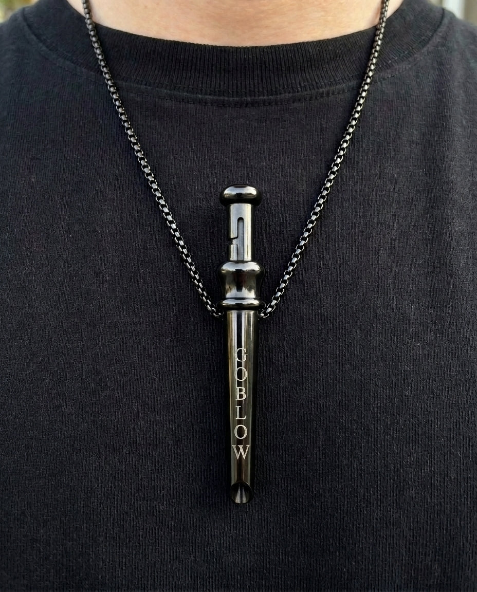 GoBlow Pendant MKII in Black, worn on the chest