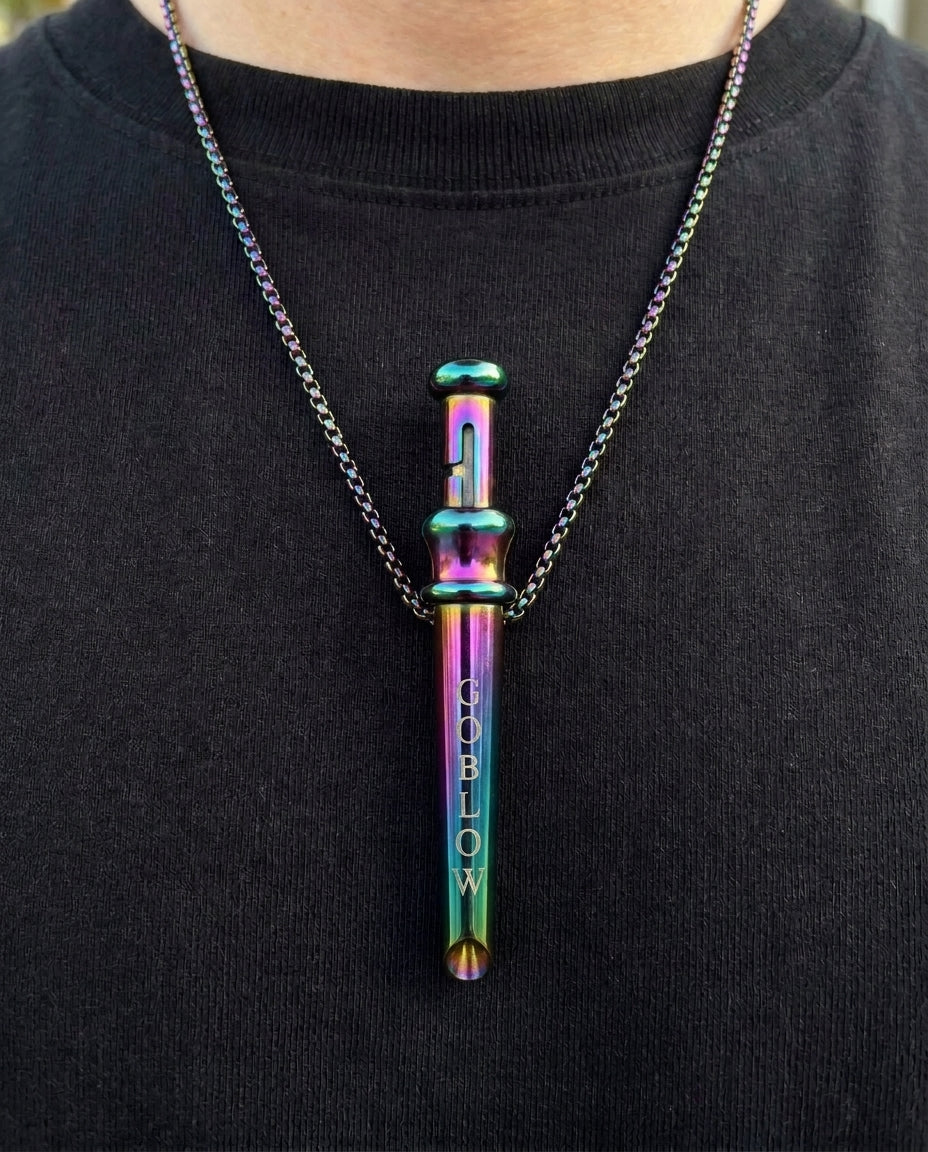 GoBlow Pendant MKII in Rainbow, worn on the chest