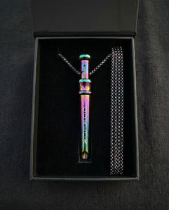 GoBlow Pendant MKII in Rainbow, in its gift box — machined stainless EDC capsule pendant