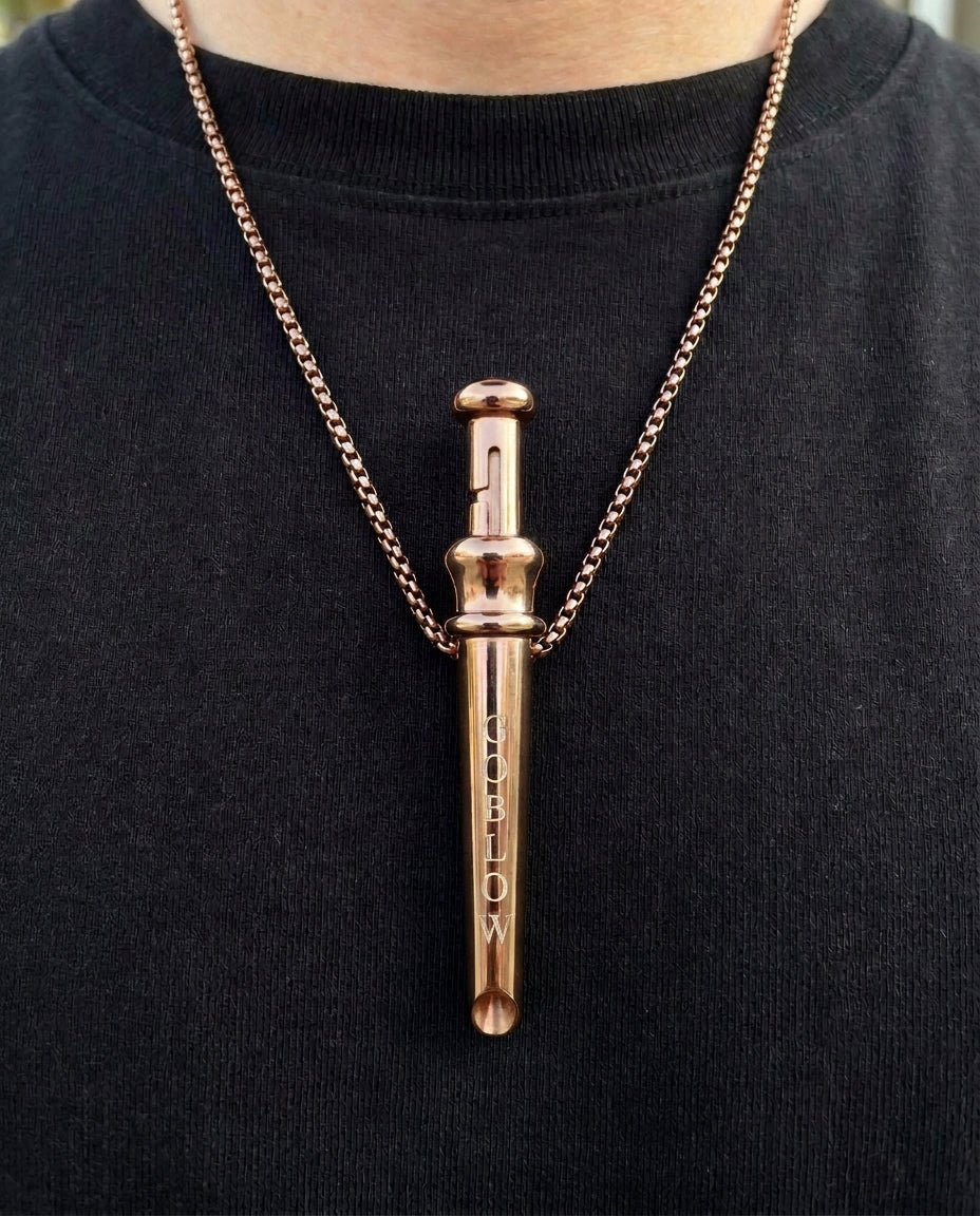 GoBlow Pendant MKII in Rose Gold, worn on the chest