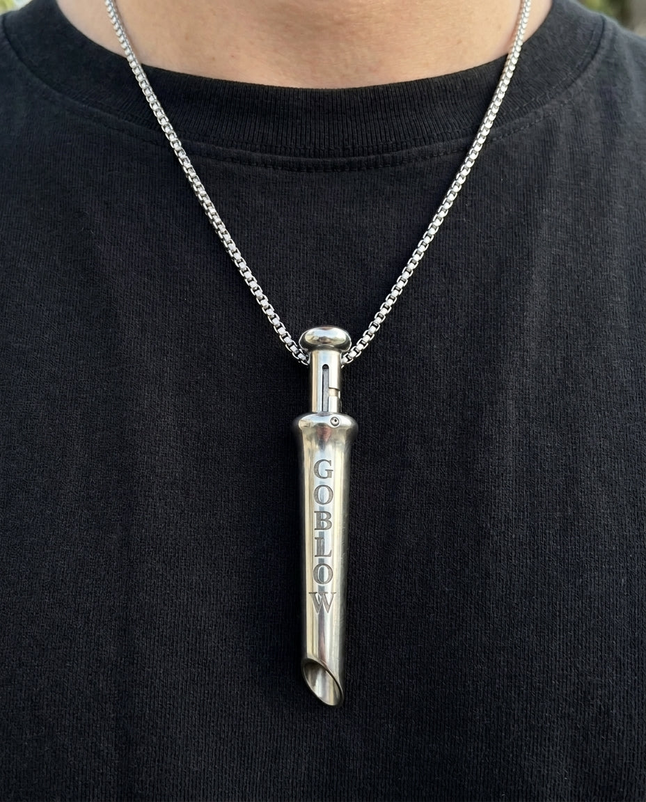 GoBlow Pendant MKII in Steel, worn on the chest