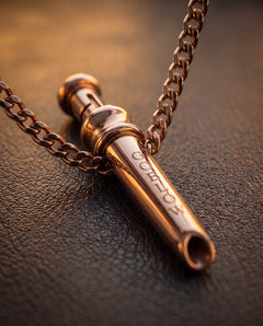 GoBlow MKII Rose Gold — macro with chain — machined stainless EDC capsule pendant