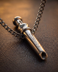 GoBlow MKII Steel — macro with chain — machined stainless EDC capsule pendant