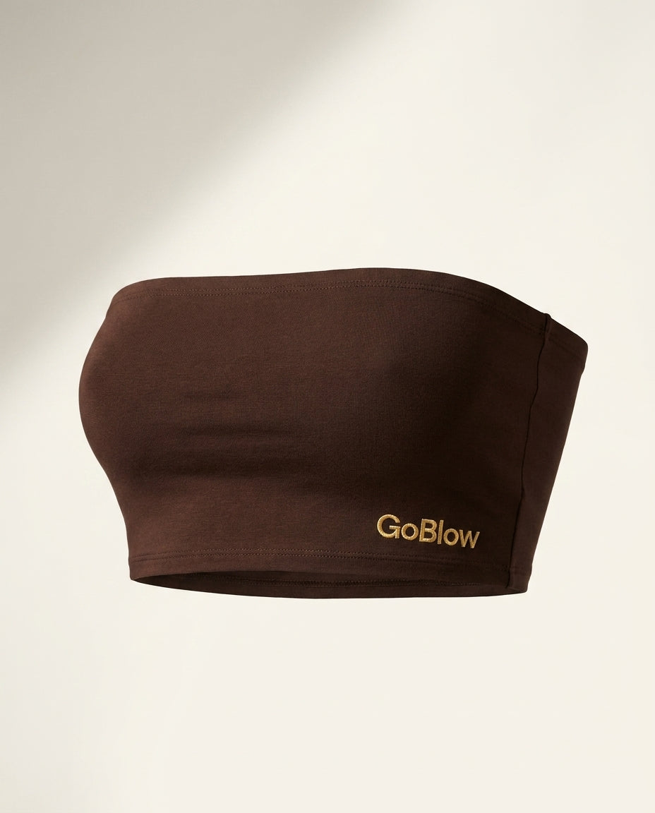 The Bandeau — Chocolate, front (gold GoBlow embroidery on fabric)