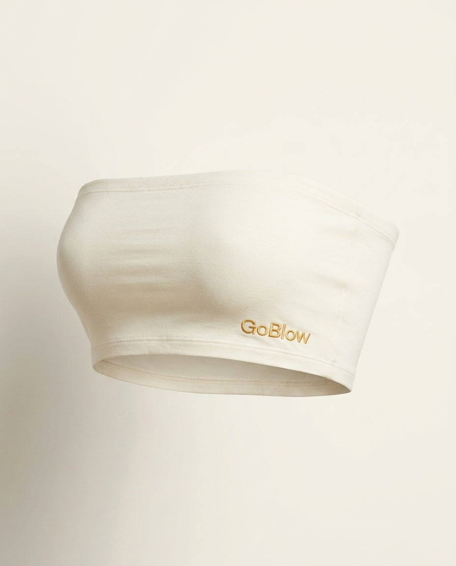 The Bandeau — Cream, front (gold GoBlow embroidery on fabric)