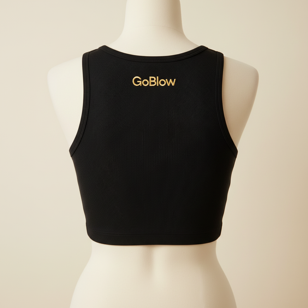 GoBlow ultra-cropped rib tank in black — back, low racer scoop