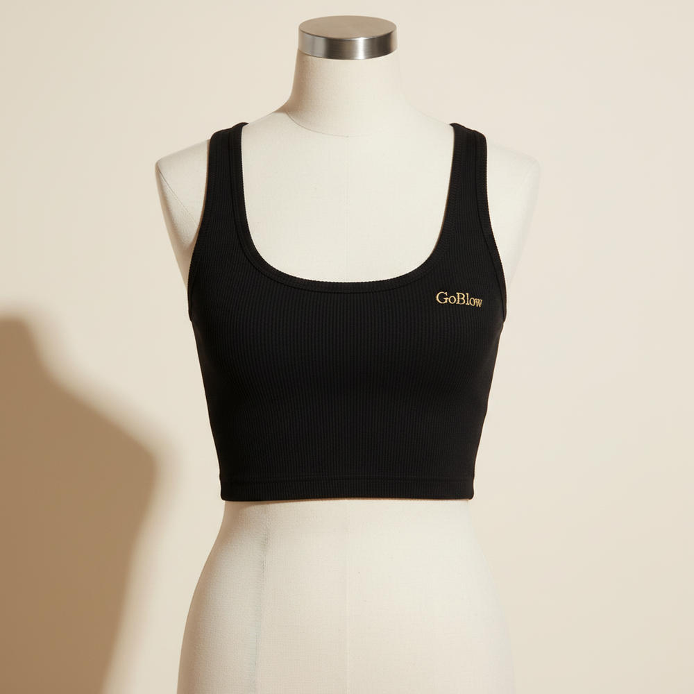 GoBlow ultra-cropped rib tank in black — front, full midriff exposed